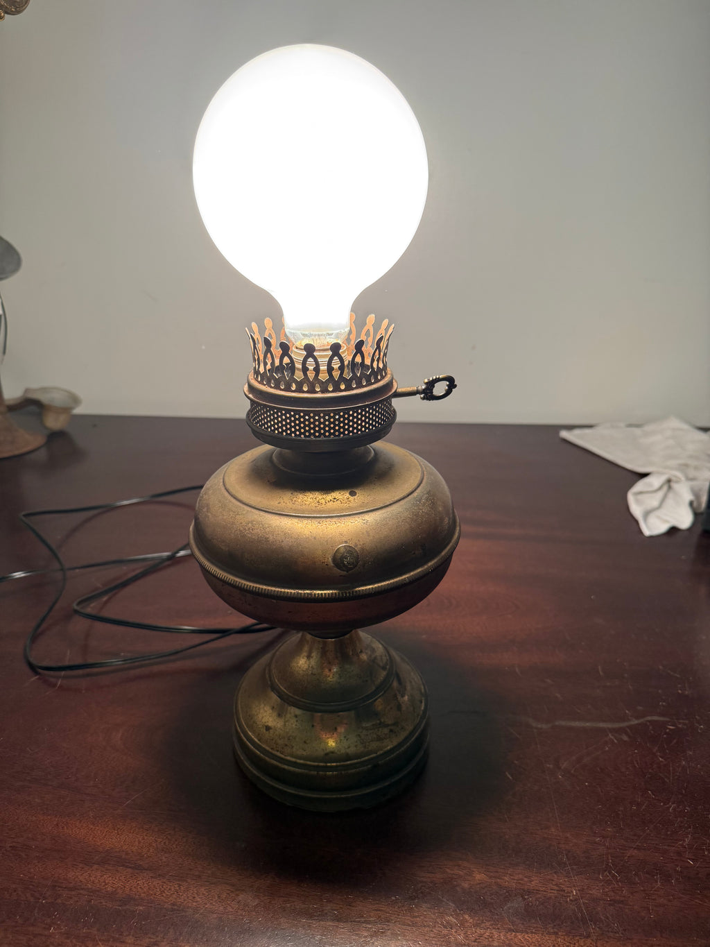 Antique Brass Oil Lamp — Converted to Electric, Fully Rewired