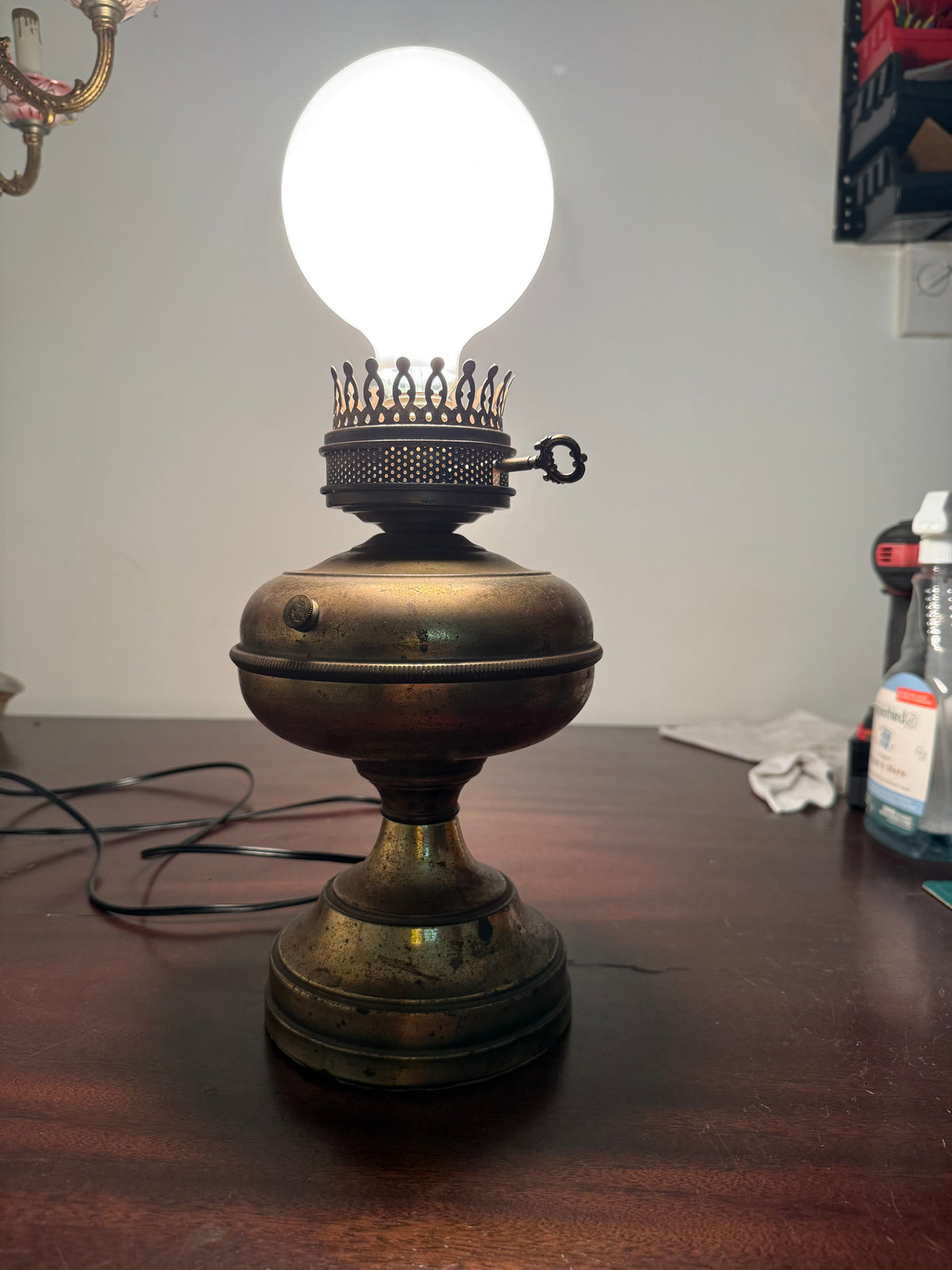 Antique Brass Oil Lamp — Converted to Electric, Fully Rewired
