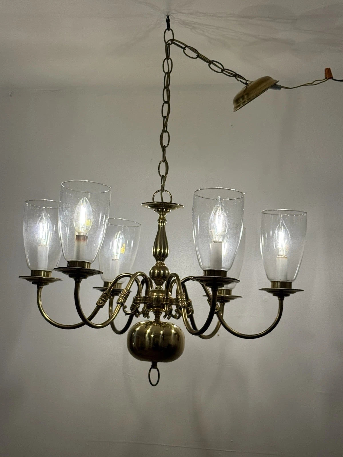 Vintage Brass Six-Light Chandelier — Fluted Glass Shades, Rewired