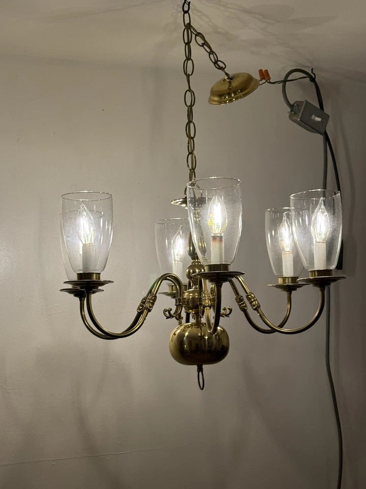 Vintage Brass Six-Light Chandelier — Fluted Glass Shades, Rewired