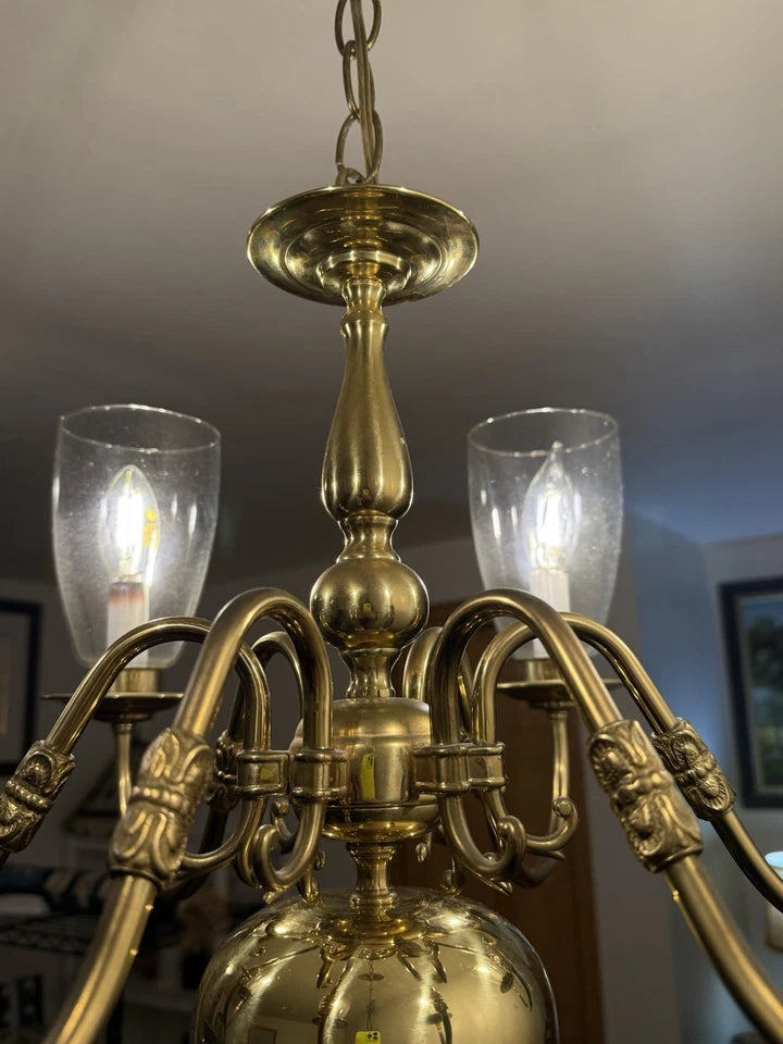 Vintage Brass Six-Light Chandelier — Fluted Glass Shades, Rewired