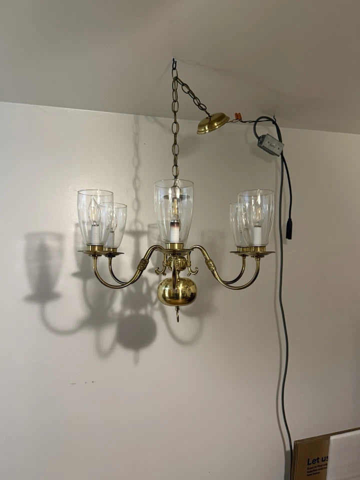 Vintage Brass Six-Light Chandelier — Fluted Glass Shades, Rewired
