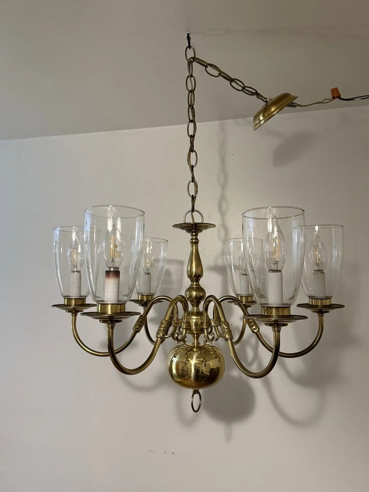 Vintage Brass Six-Light Chandelier — Fluted Glass Shades, Rewired