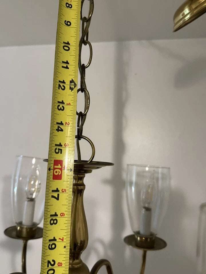 Vintage Brass Six-Light Chandelier — Fluted Glass Shades, Rewired